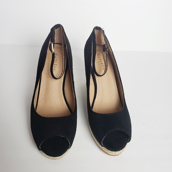 💗Kayleen Black Ankle Strap Espadrille Wedges - Picture 4 of 5